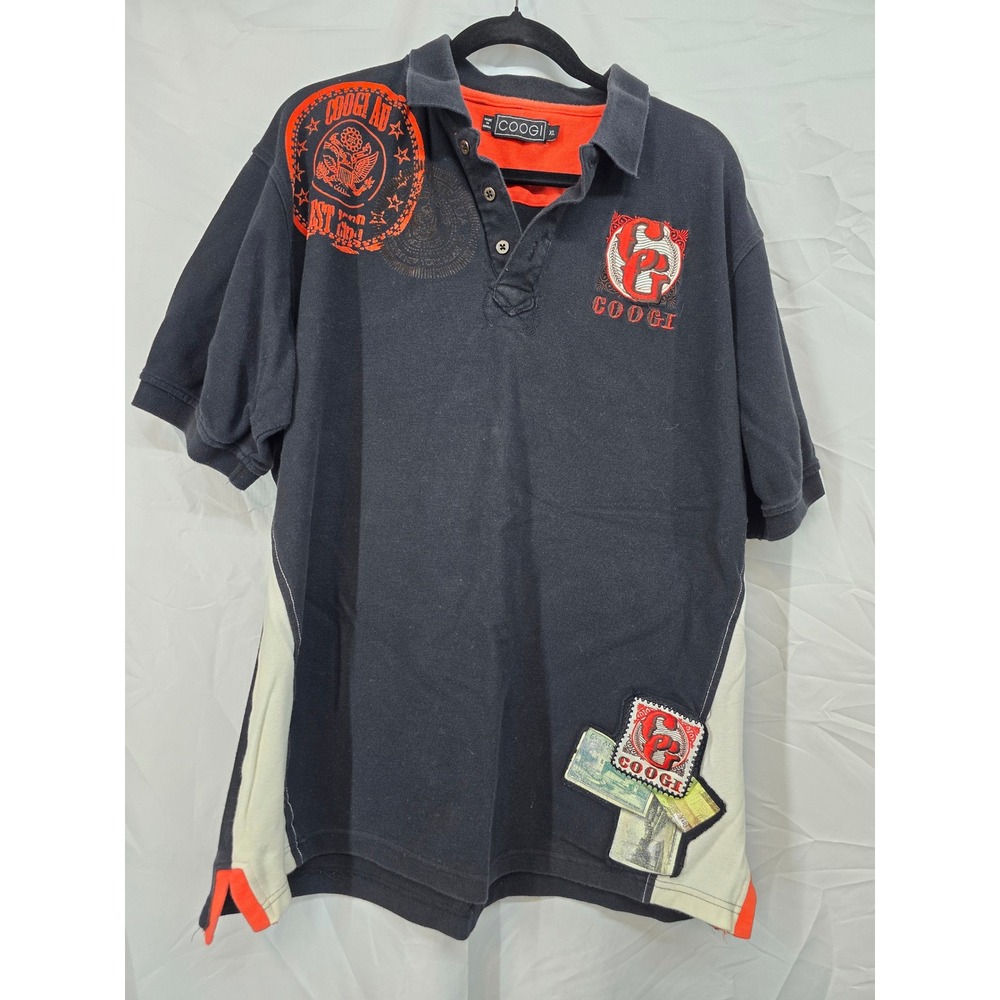 Coogi Mens XL Polo Shirt BlackOrange Graphic Embroidered Streetwear Short Sleeve